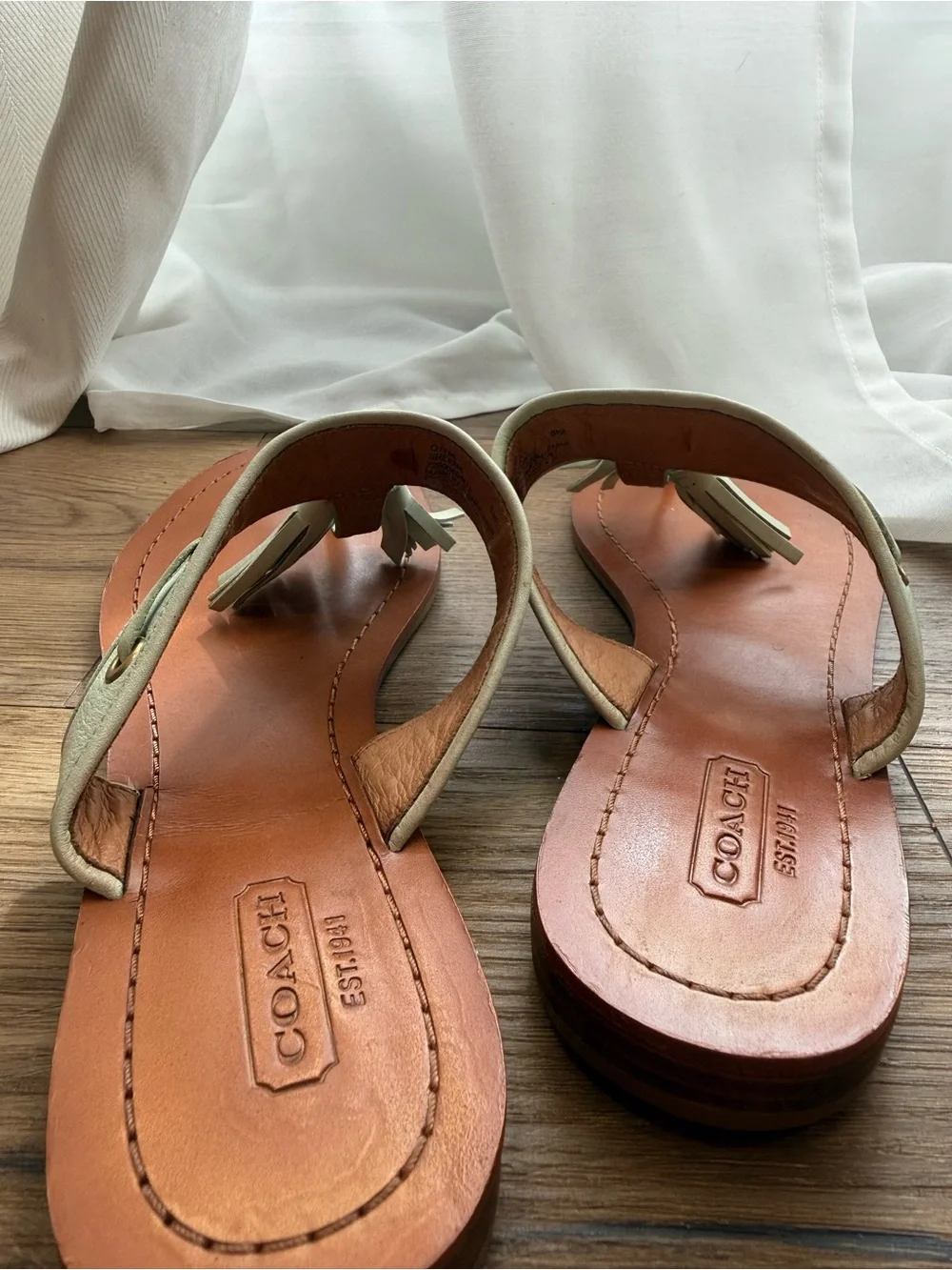 Coach Women's Teal/Green Tassel Leather Thong Sandals with Tan Footbed